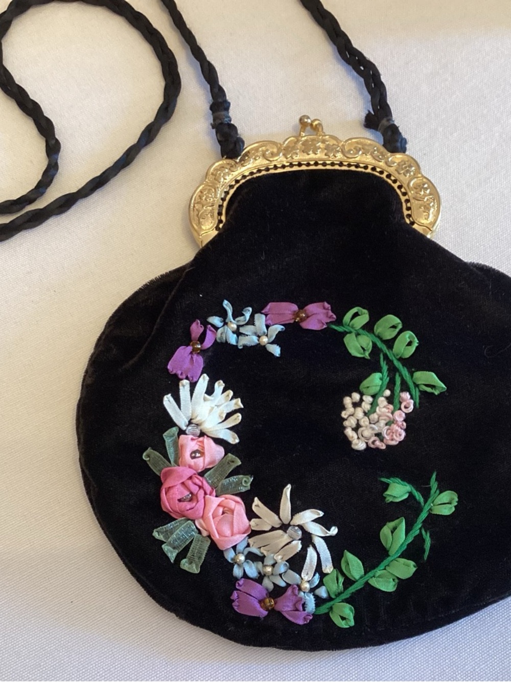 Vintage Black Velvet Ribbon Embroidered Bag